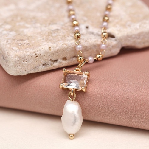 Golden Bead & Pearl Necklace with Crystal & Pearl Drop  by Peace of Mind